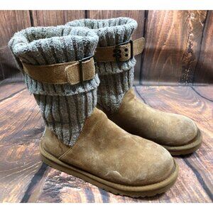UGG Cambridge Knit Chestnut Suede Belted Boots Sheepskin Womens 7 (p7c)